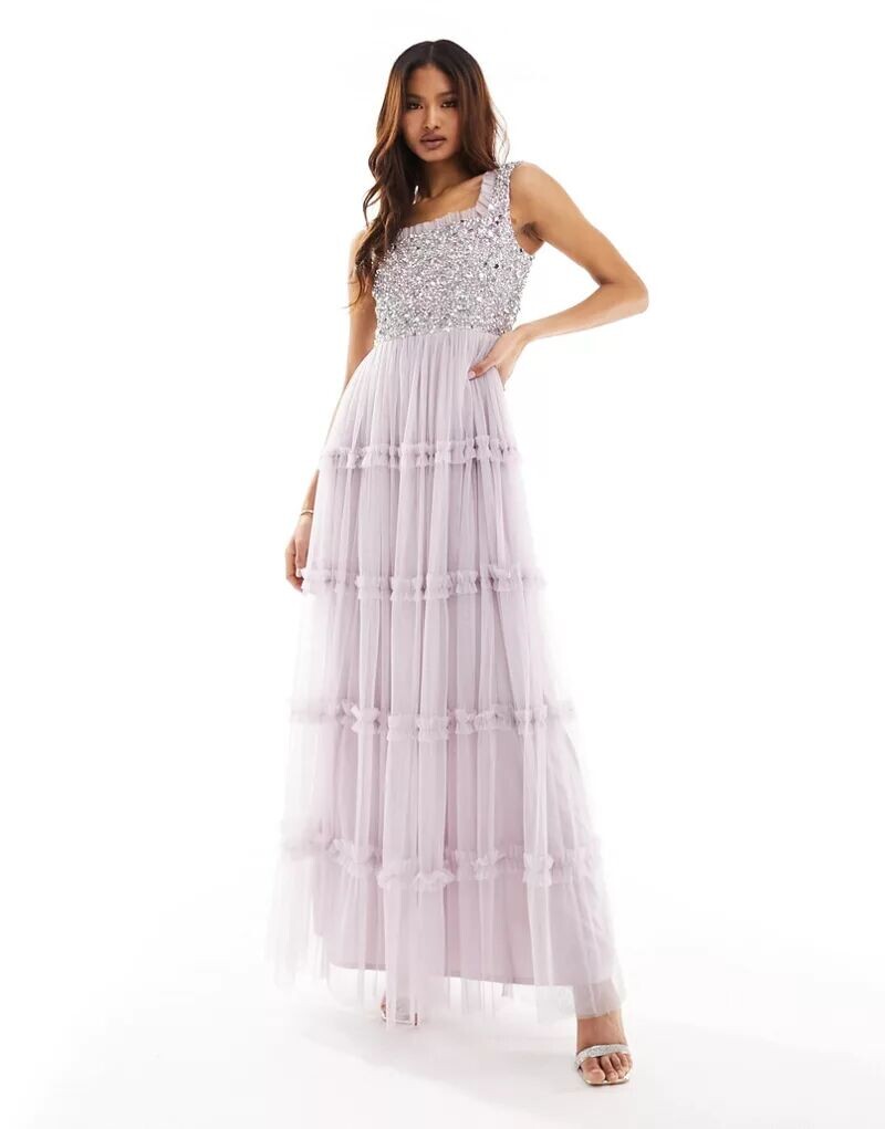

Сиреневое платье макси с квадратным вырезом и юбкой с рюшами Beauut Bridesmaid