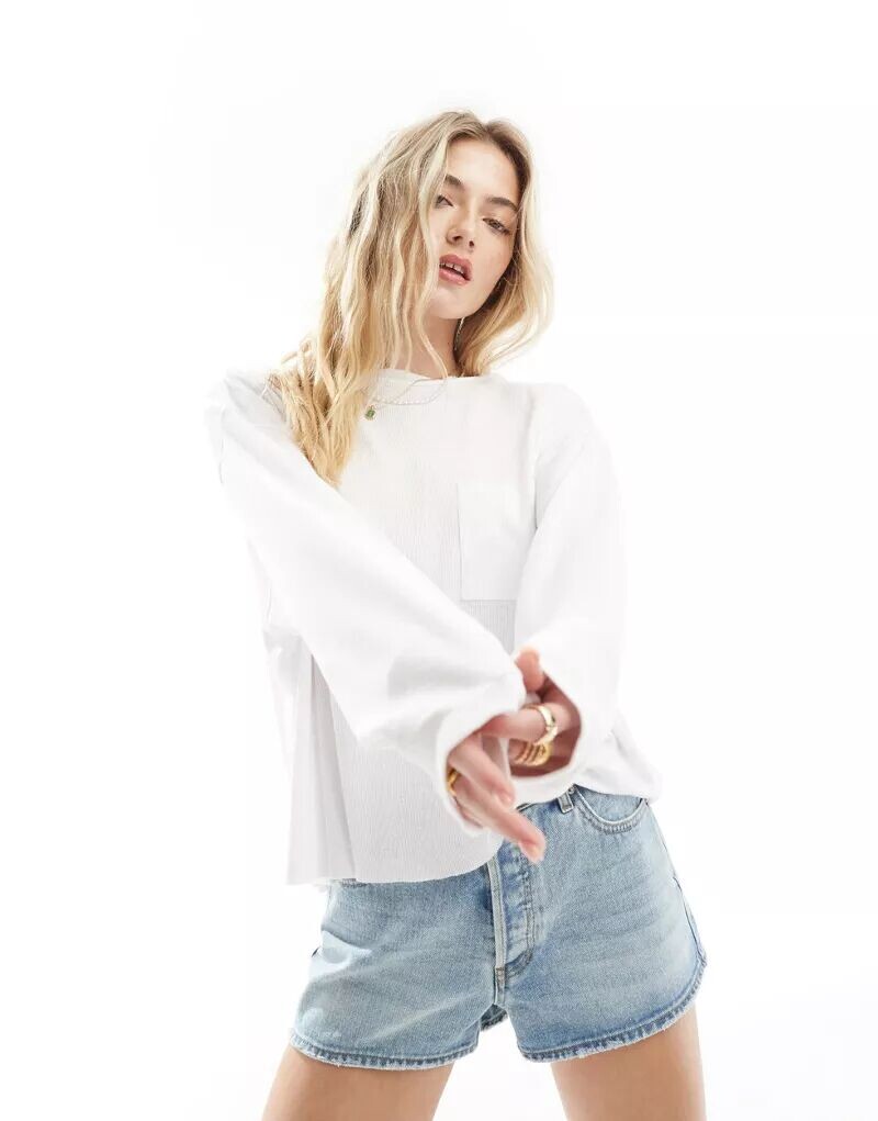 

Белый топ с длинными рукавами в рубчик ASOS