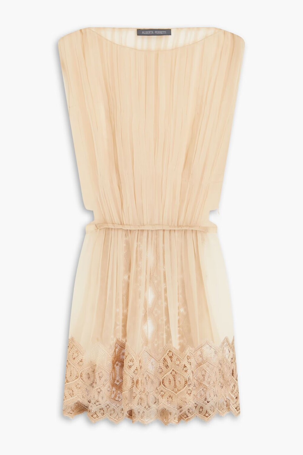 

Шелковый топ из гипюра с вырезом и кружевной отделкой Alberta Ferretti, бежевый