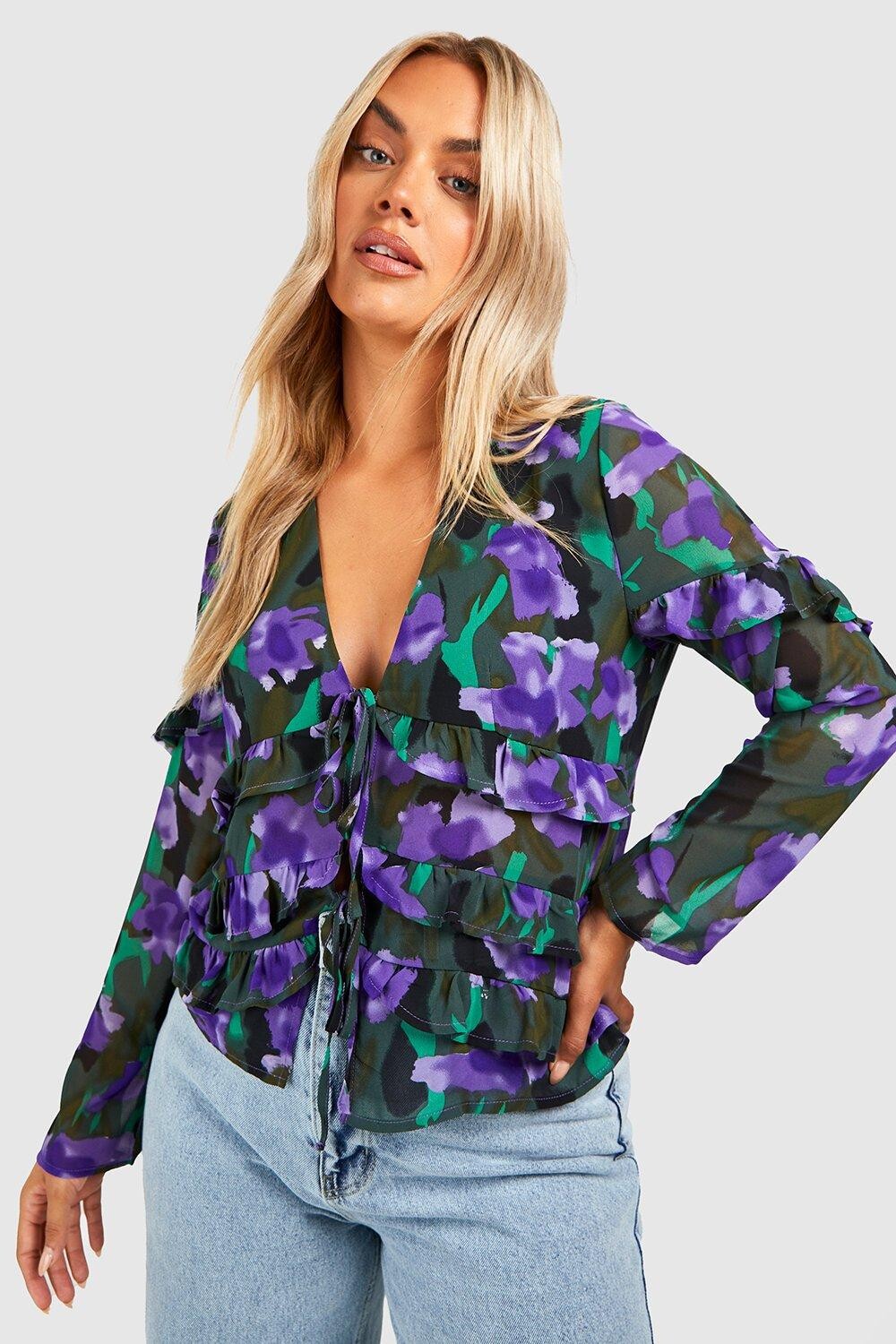 

Блузка с цветочным передом и шифоновыми обрями Boohoo, черный