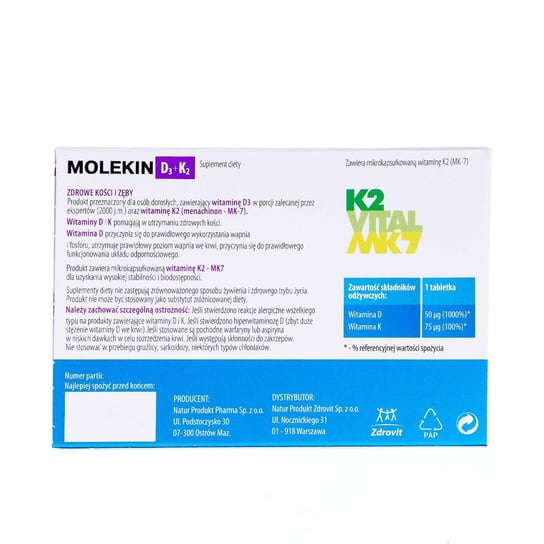 цена Natur Produkt, Молекин D3+K2, 30 таблеток