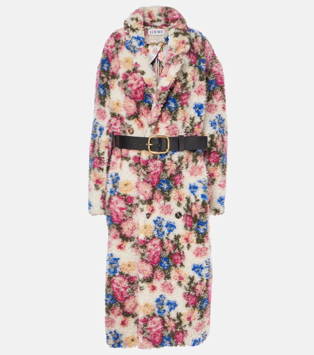 

Пальто-тедди с цветочным принтом и поясом Loewe, цвет multicolor/soft pink