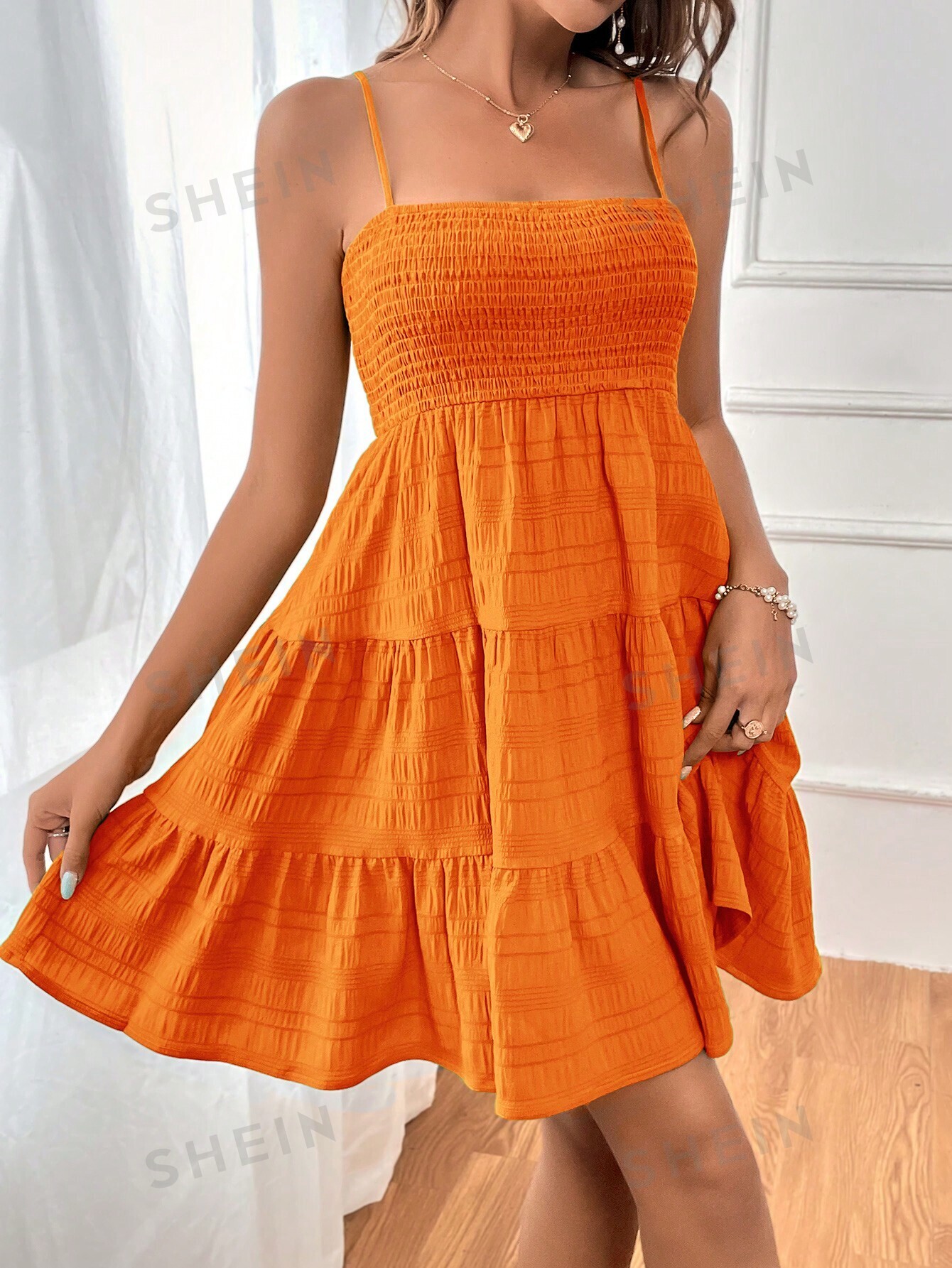 SHEIN WYWH Женское однотонное платье на тонких бретельках с оборками и подолом, апельсин фото
