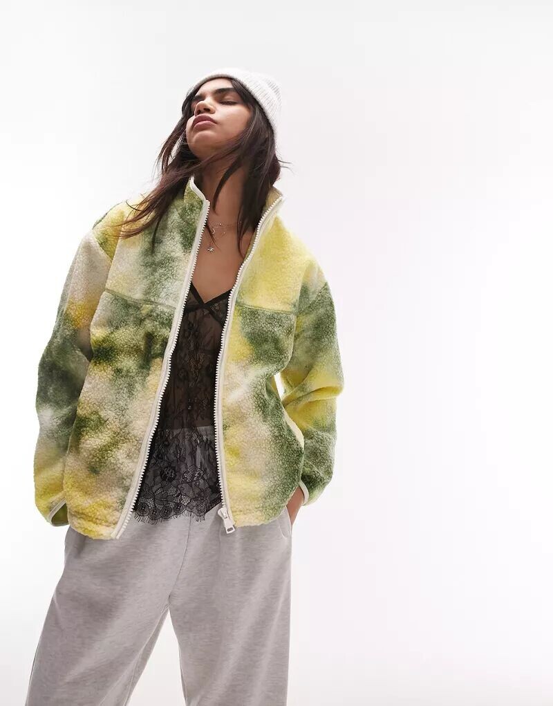 

Зеленая и желтая куртка на молнии в стиле тедди Topshop