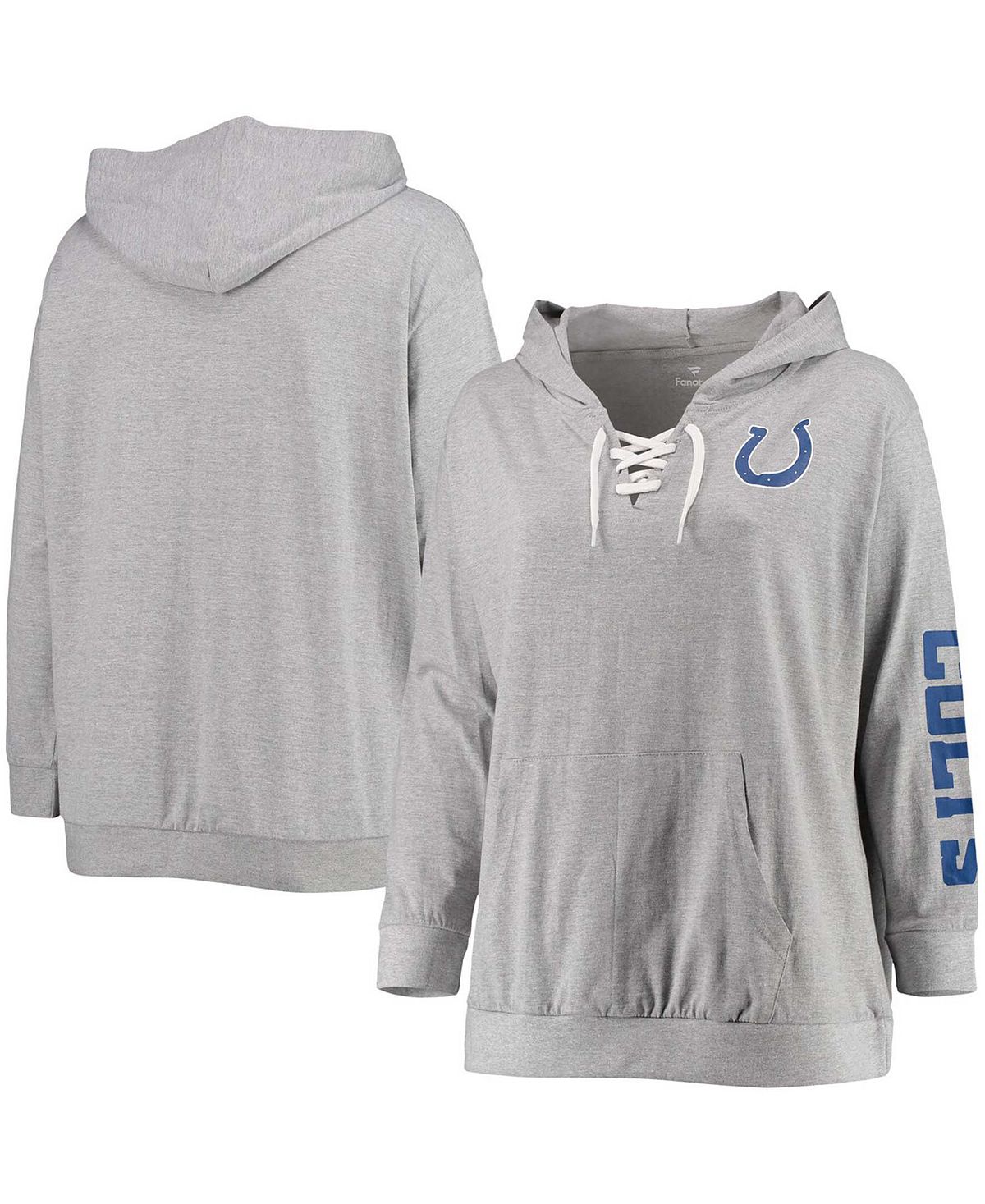 

Женский серый пуловер с капюшоном на шнуровке больших размеров Indianapolis Colts Fanatics