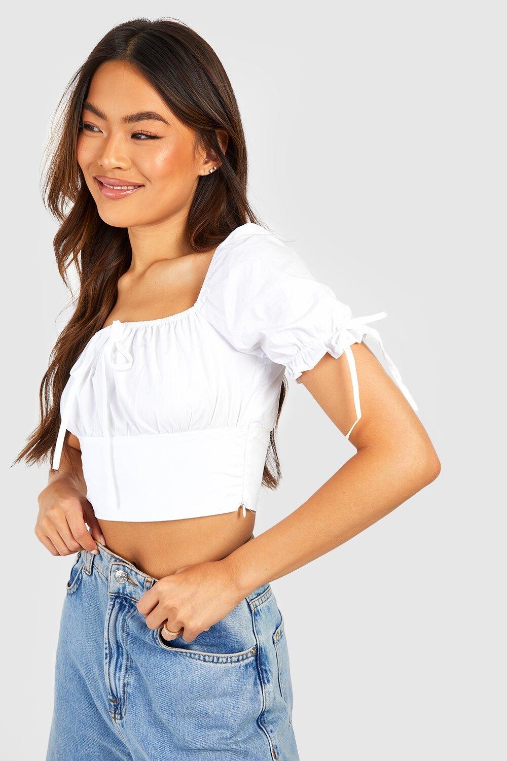 

Укороченный топ из хлопка со рукавами Boohoo, белый