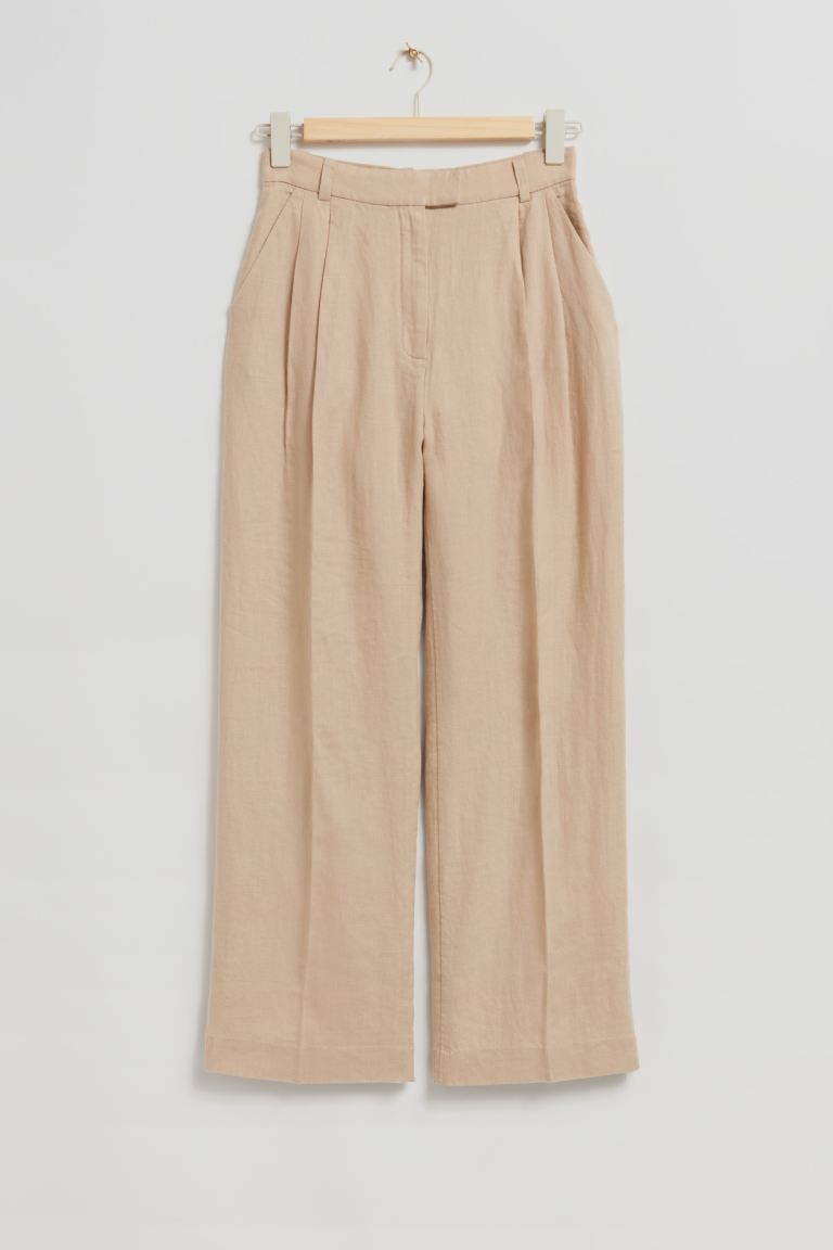Свободные элегантные брюки со складками и другими историями H&M, бежевый льняные брюки до щиколотки h