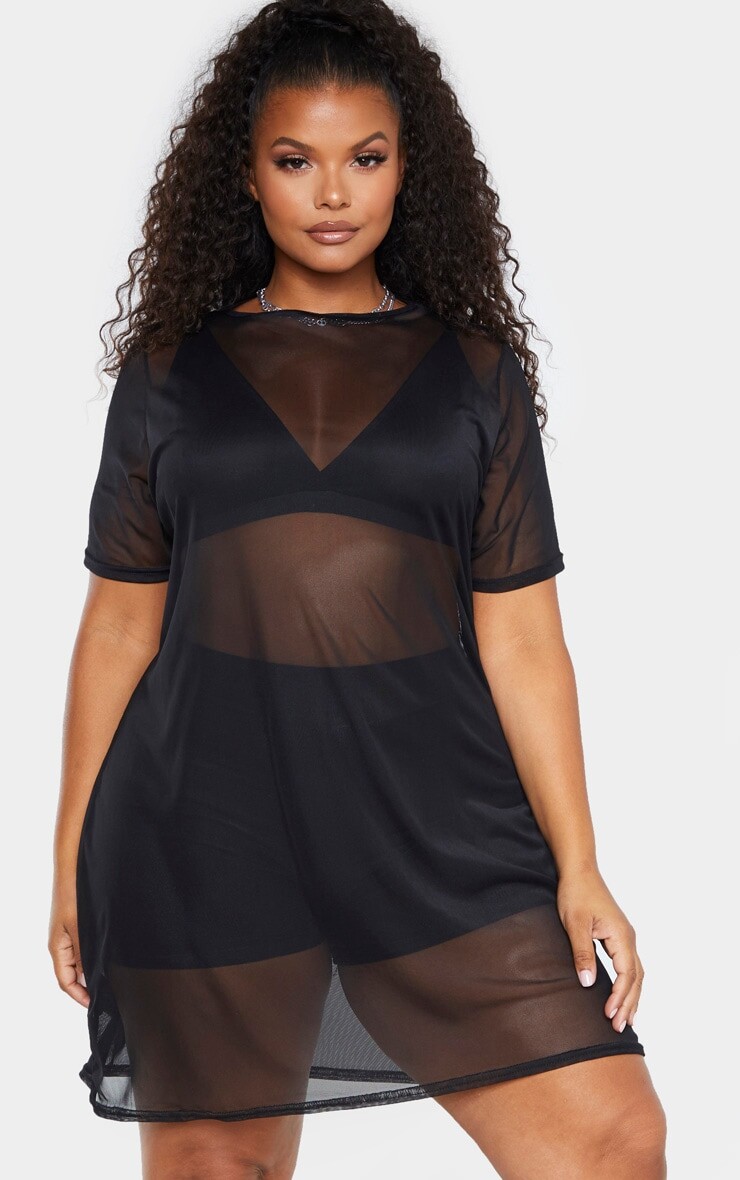 

PrettyLittleThing Плюс черное сетчатое платье-футболка