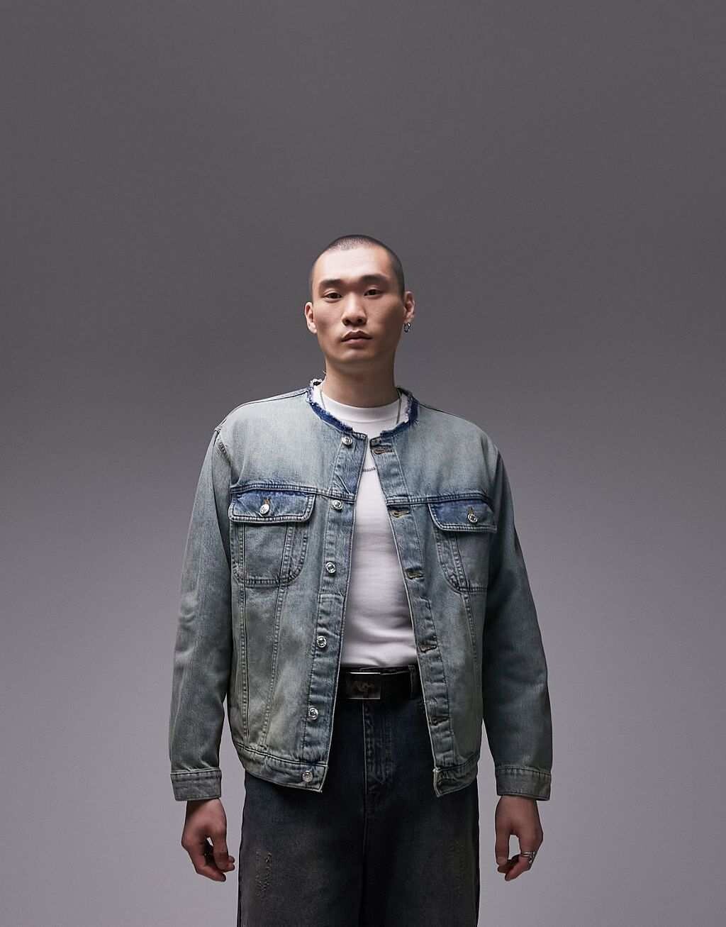 

Синяя джинсовая куртка без воротника в стиле оверсайз Topman, Синий