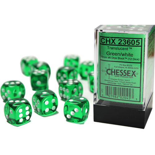 

Аксессуары Chessex Chessex 16mm d6 Set: Translucent - Green w/White (12)