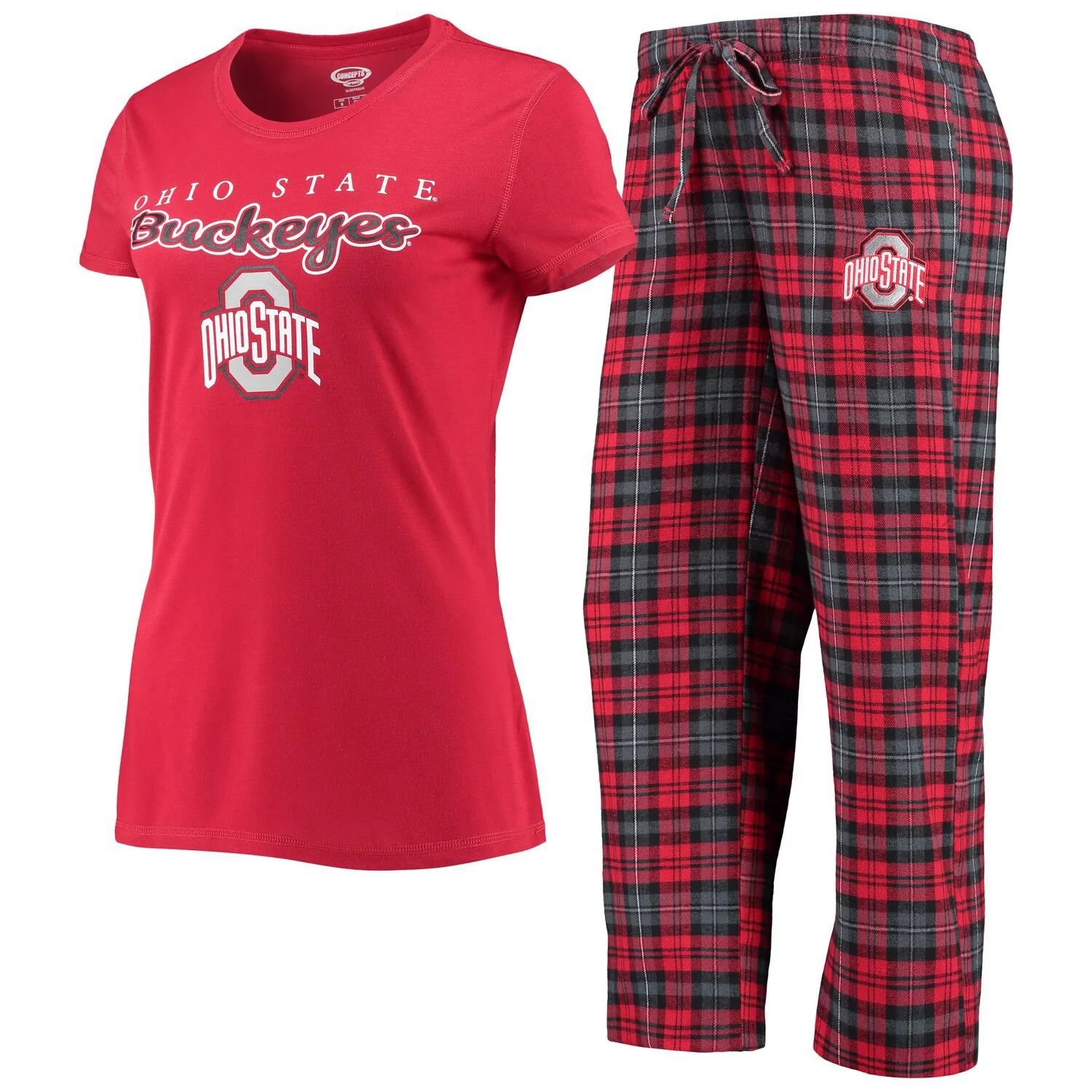 

Женский комплект для сна с футболкой и фланелевыми брюками Concepts Sport Scarlet/Black Ohio State Buckeyes Lodge и фланелевыми брюками