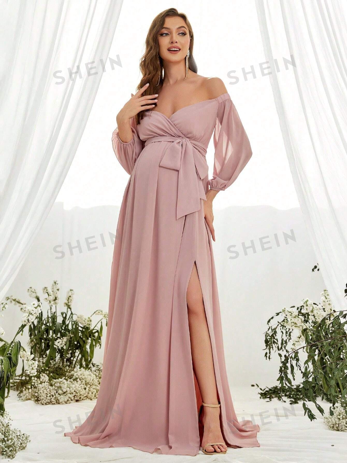 цена Шифоновое платье для беременных с открытыми плечами и вырезом в форме сердца, детский розовый