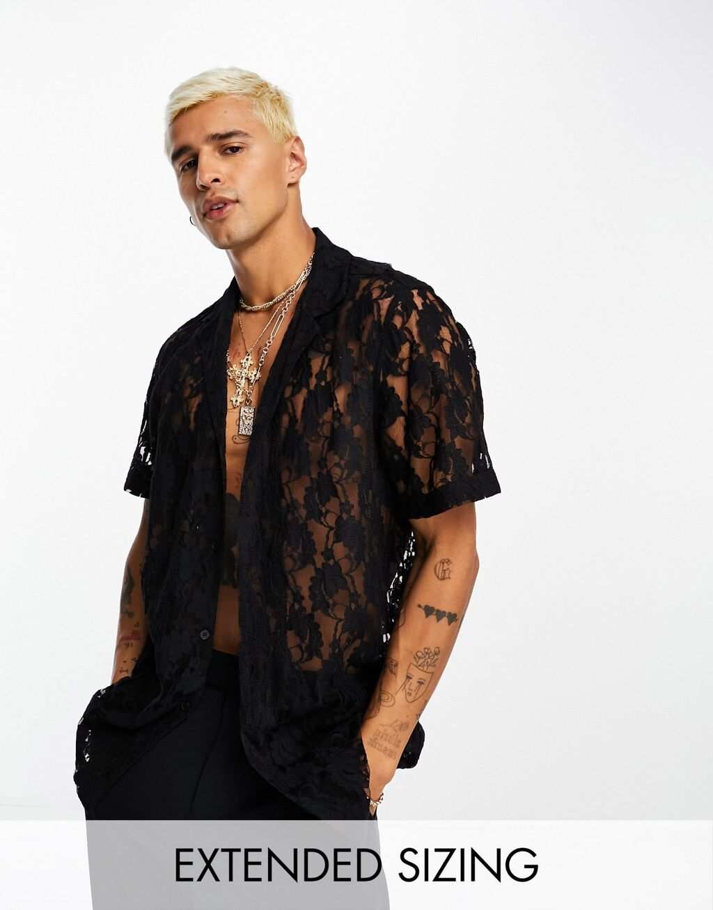 

Черная непринужденная рубашка из кружева с глубоким ревером ASOS DESIGN