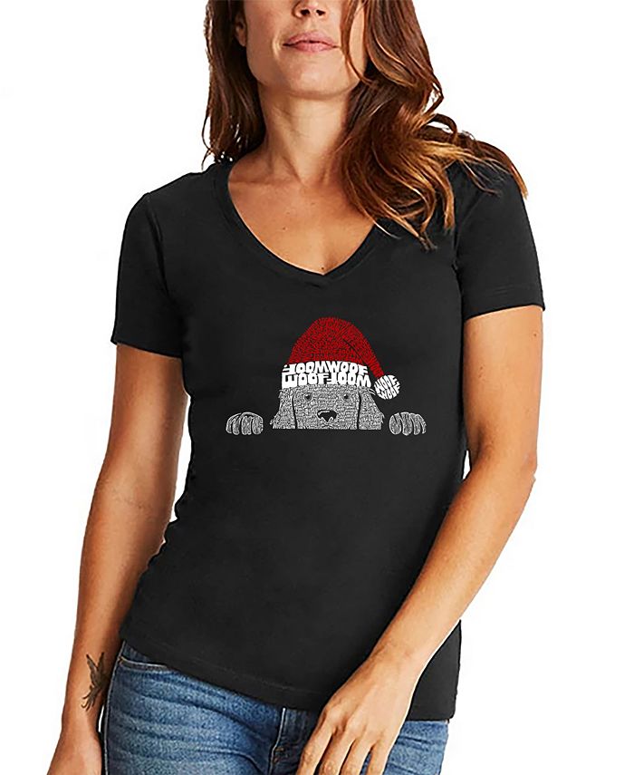 Женская футболка с v-образным вырезом и надписью «Рождественская выглядывающая собака» LA Pop Art, черный re pa накладка transparent для huawei honor v10 с принтом собака в смешной шапке