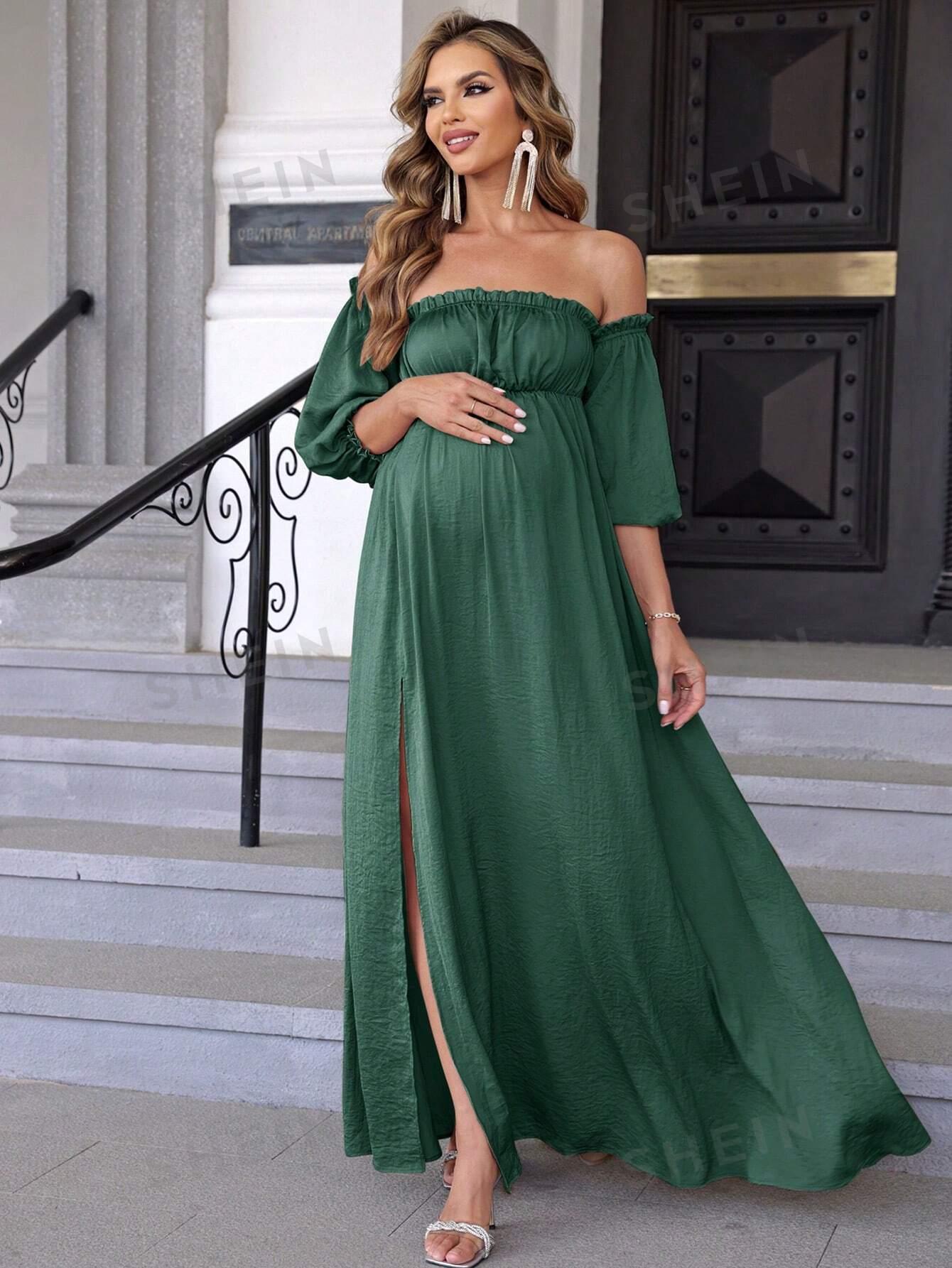 Joyfunear Однотонное платье макси с разрезом на одно плечо для беременных, темно-зеленый