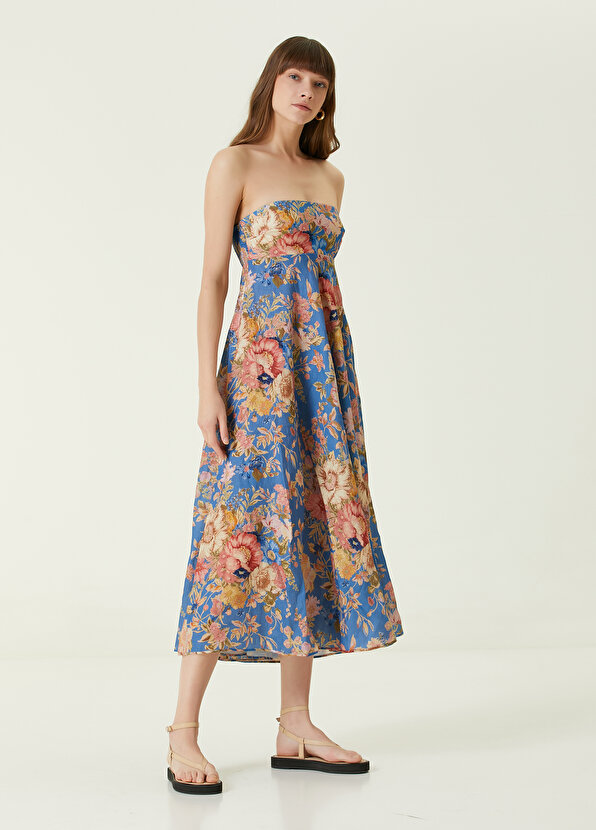 Синее льняное платье-миди с цветочным принтом Zimmermann