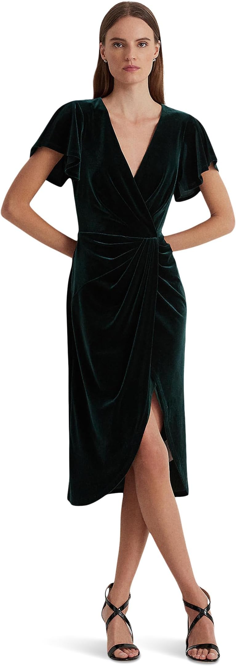 Бархатное коктейльное платье с развевающимися рукавами LAUREN Ralph Lauren, цвет Dark Season Green Velvet