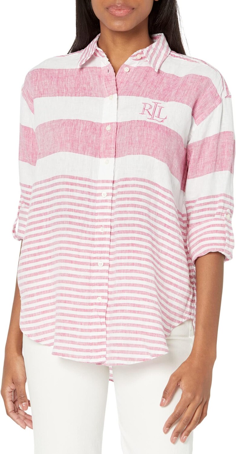 

Льняная рубашка оверсайз в полоску Petite LAUREN Ralph Lauren, цвет Sport Pink/White