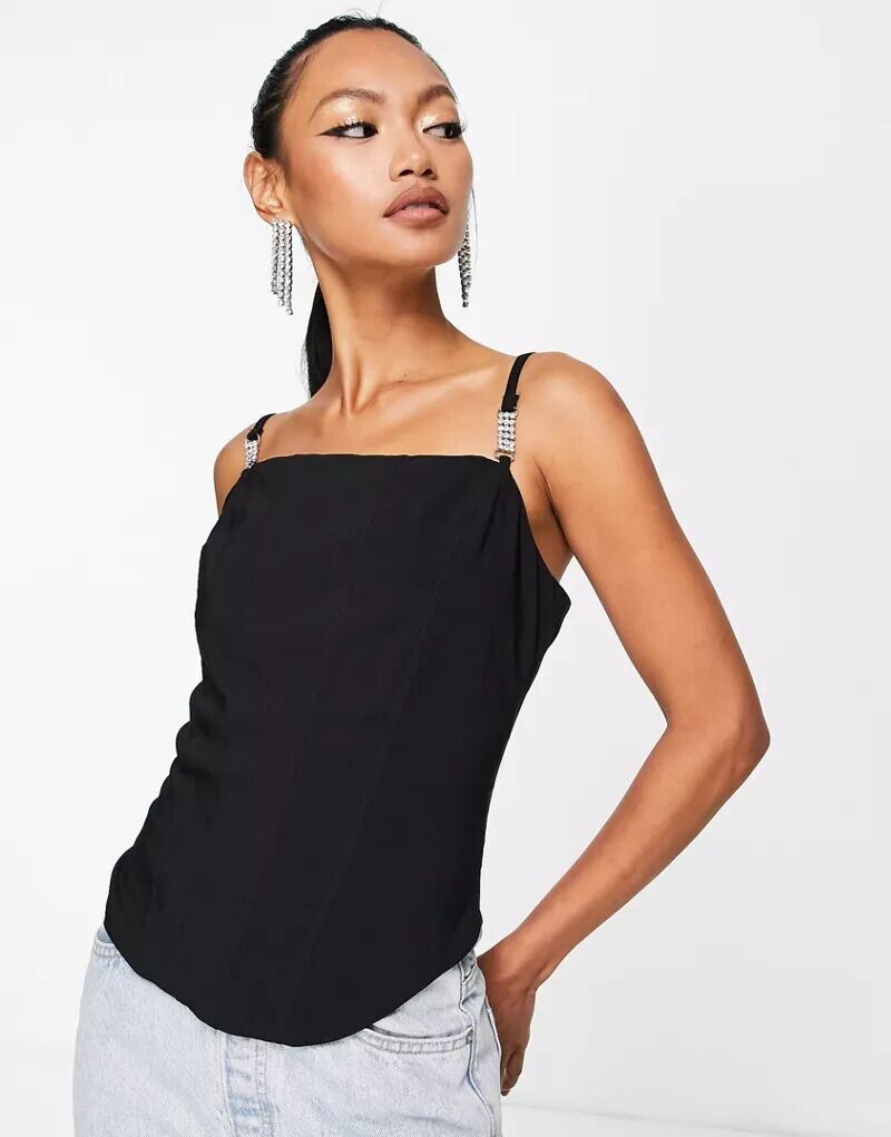 

Черный корсетный топ River Island с ремешком из бриллиантов