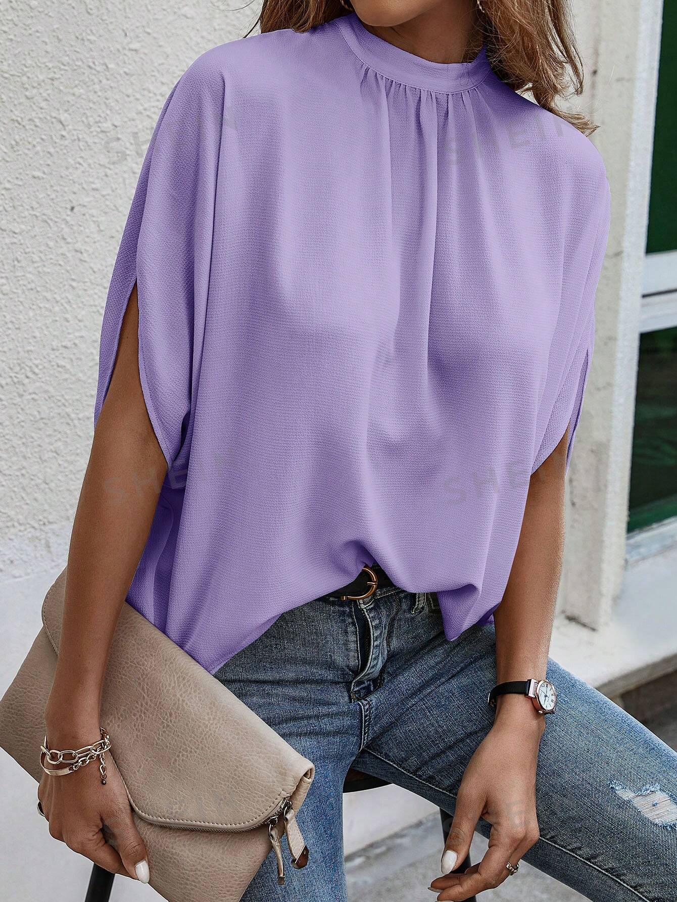 цена Женская однотонная рубашка с воротником-стойкой и половиной рукава, сиреневый фиолетовый