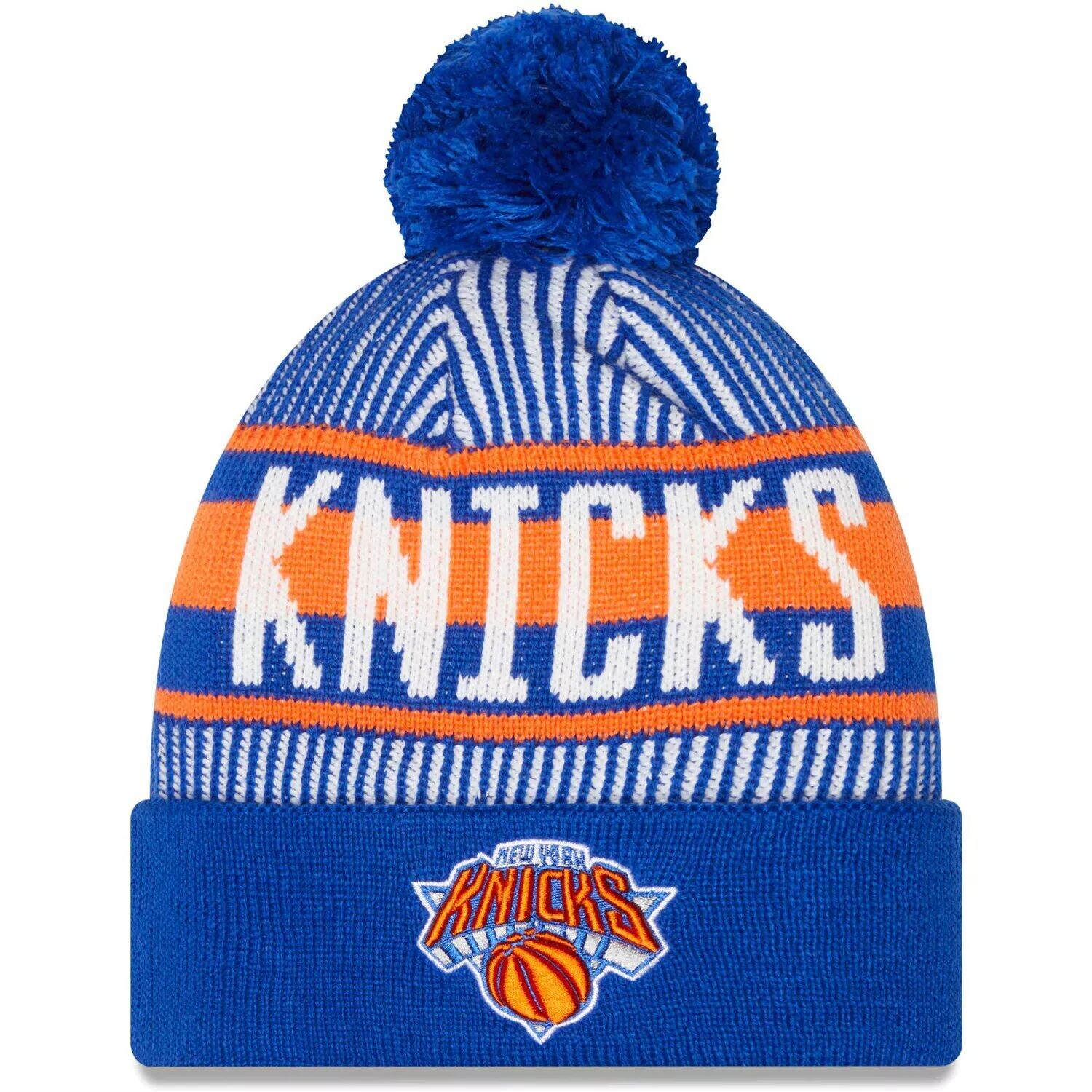

Мужская синяя вязаная шапка New Era New York Knicks в полоску с манжетами и помпоном