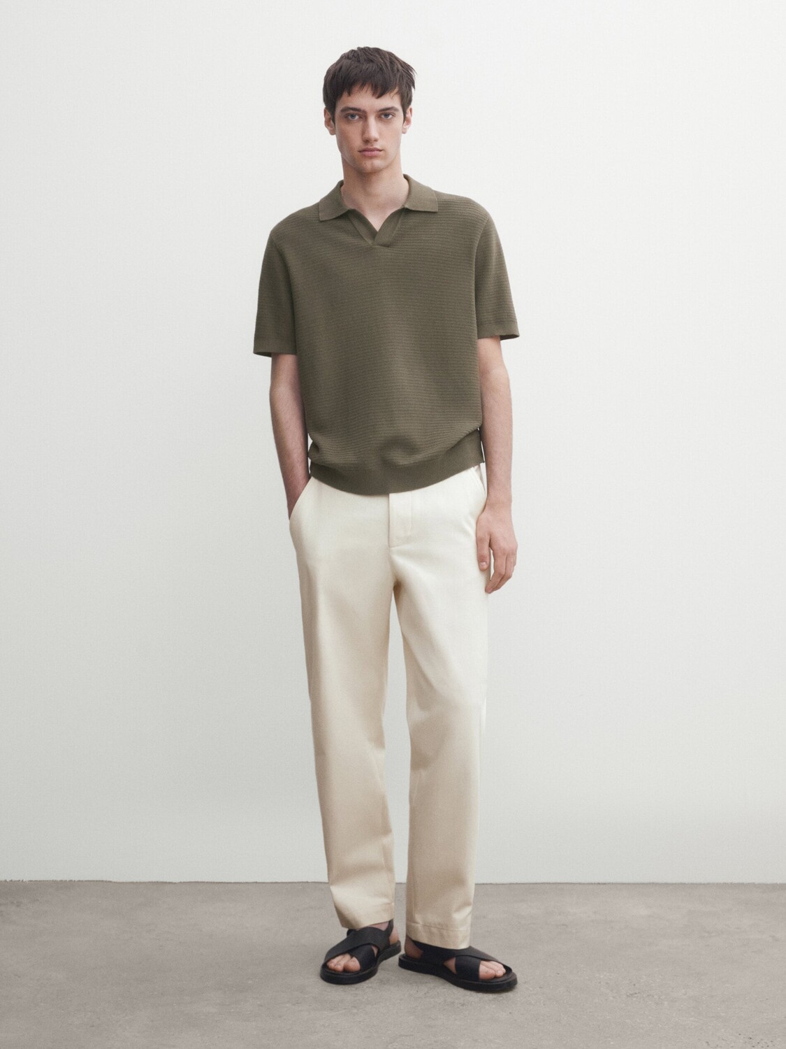 

Вязаный свитер-поло с короткими рукавами Massimo Dutti, хаки