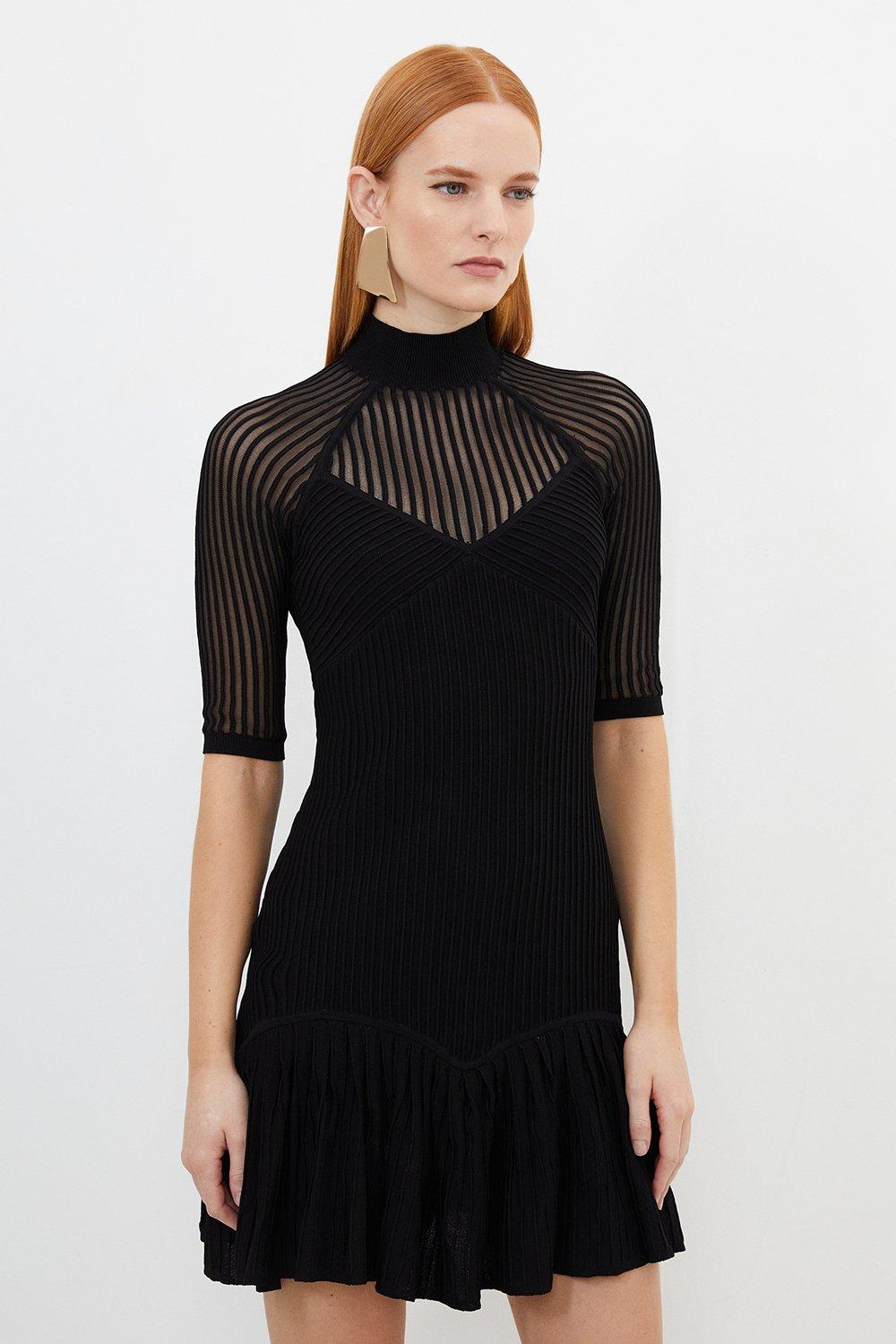 Мини-платье прозрачной вязки с баской из вискозы Karen Millen, черный платье макси с баской