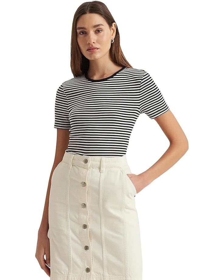 

Футболка LAUREN Ralph Lauren Petite Striped Stretch Cotton Crewneck, черный