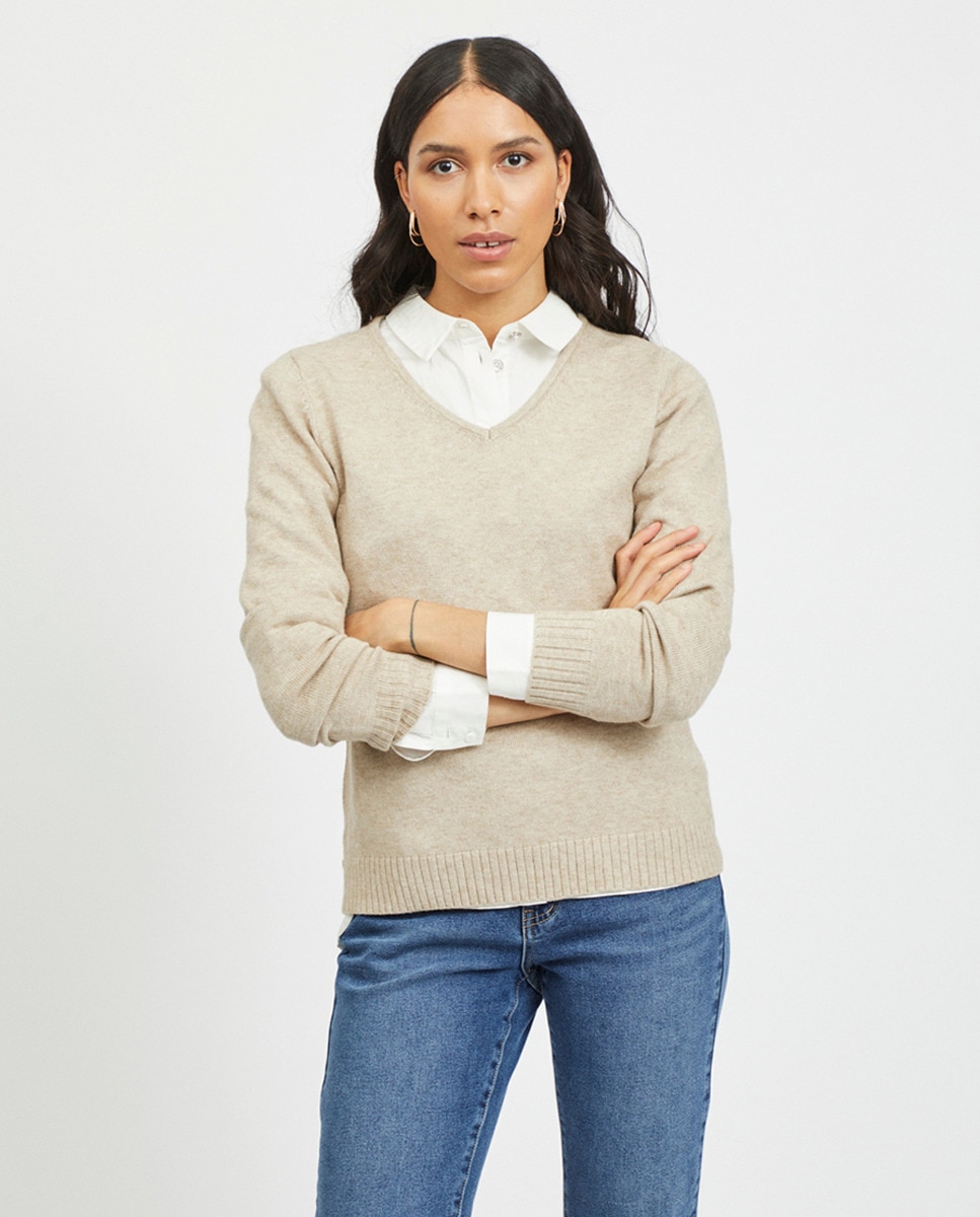 Женский свитер с длинными рукавами и V-образным вырезом Vila, коричневый