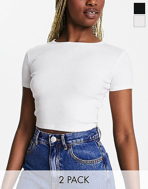

Комплект из двух черно-белых футболок в рубчик Pull&Bear