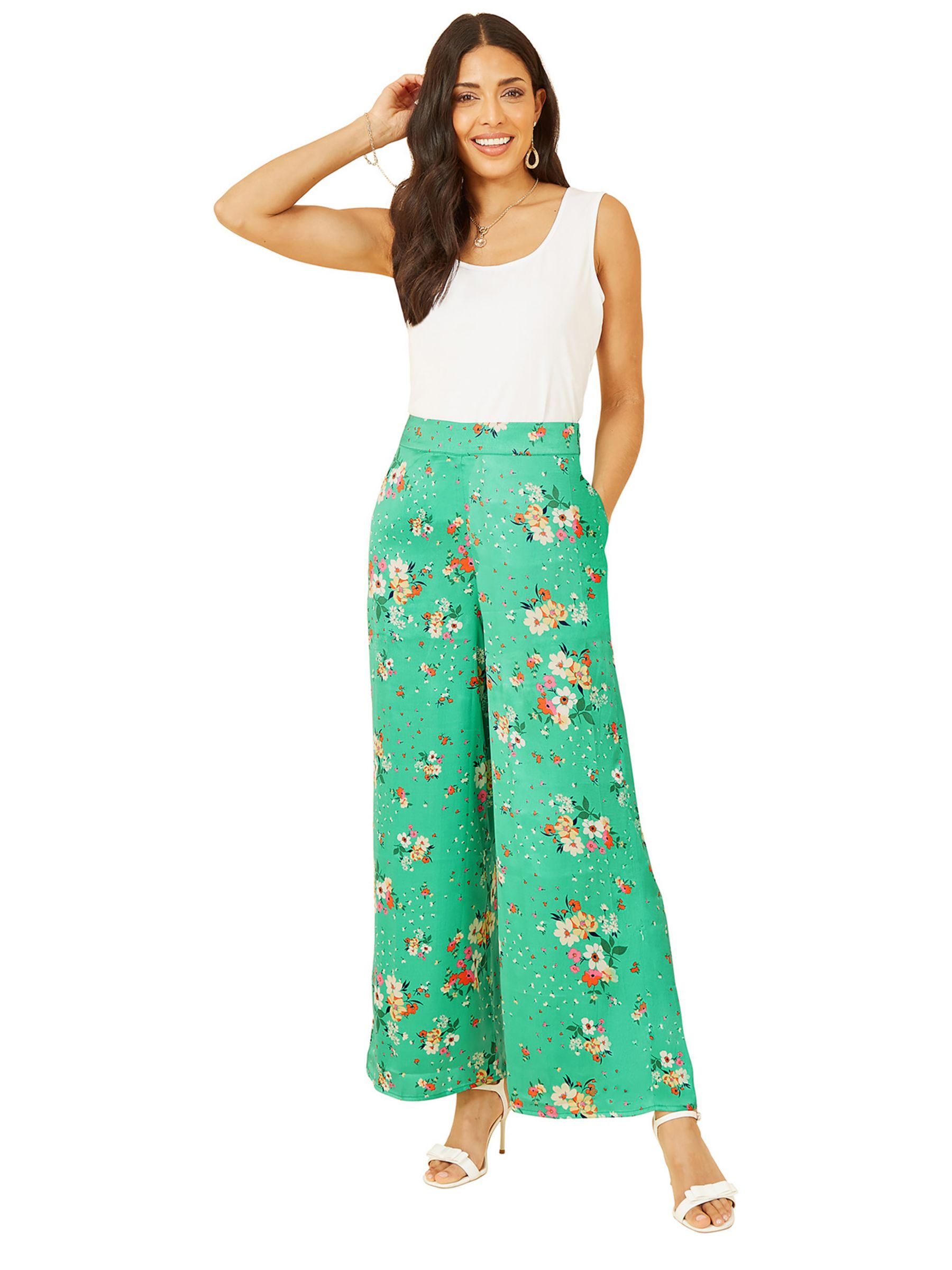 Yumi Атласные широкие брюки с цветочным принтом, зеленые