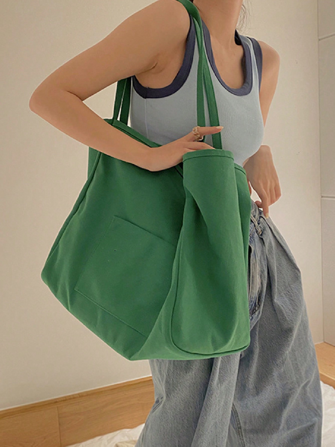 Однотонная парусиновая минималистичная большая вместительная модная модная большая сумка Универсальная сумка большой вместимости Ins Сумка для покупок Атмосферная сумка, зеленый