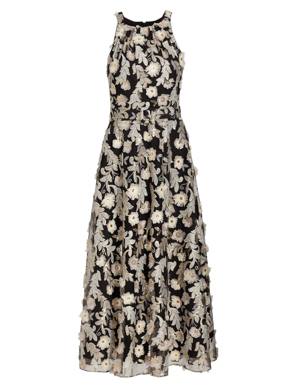 

Платье с поясом и цветочной вышивкой Badgley Mischka, черный