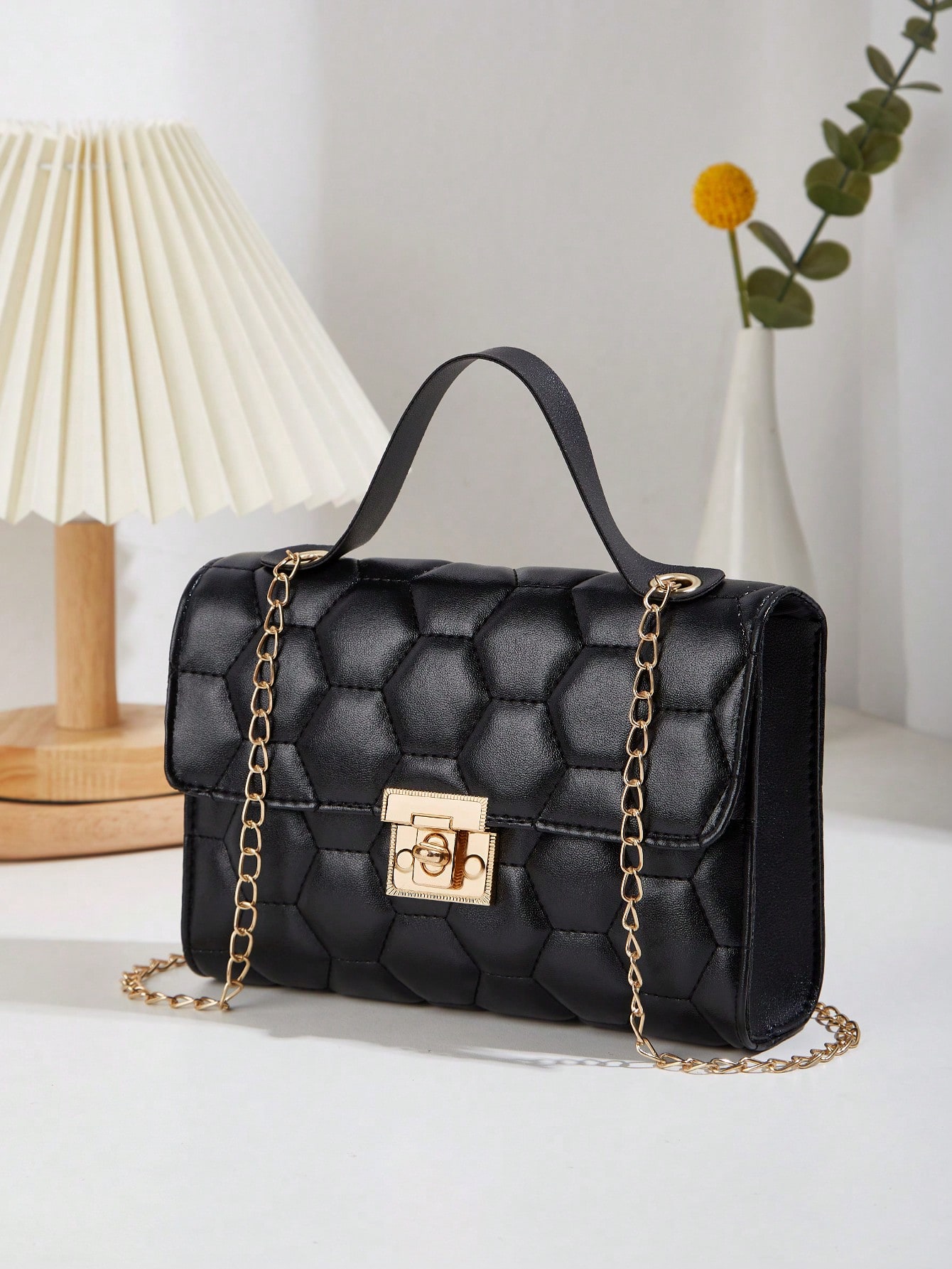 Мини-сумка через плечо с ромбовидной решеткой Портативная кожаная сумка для отдыха для женщин Модная, черный