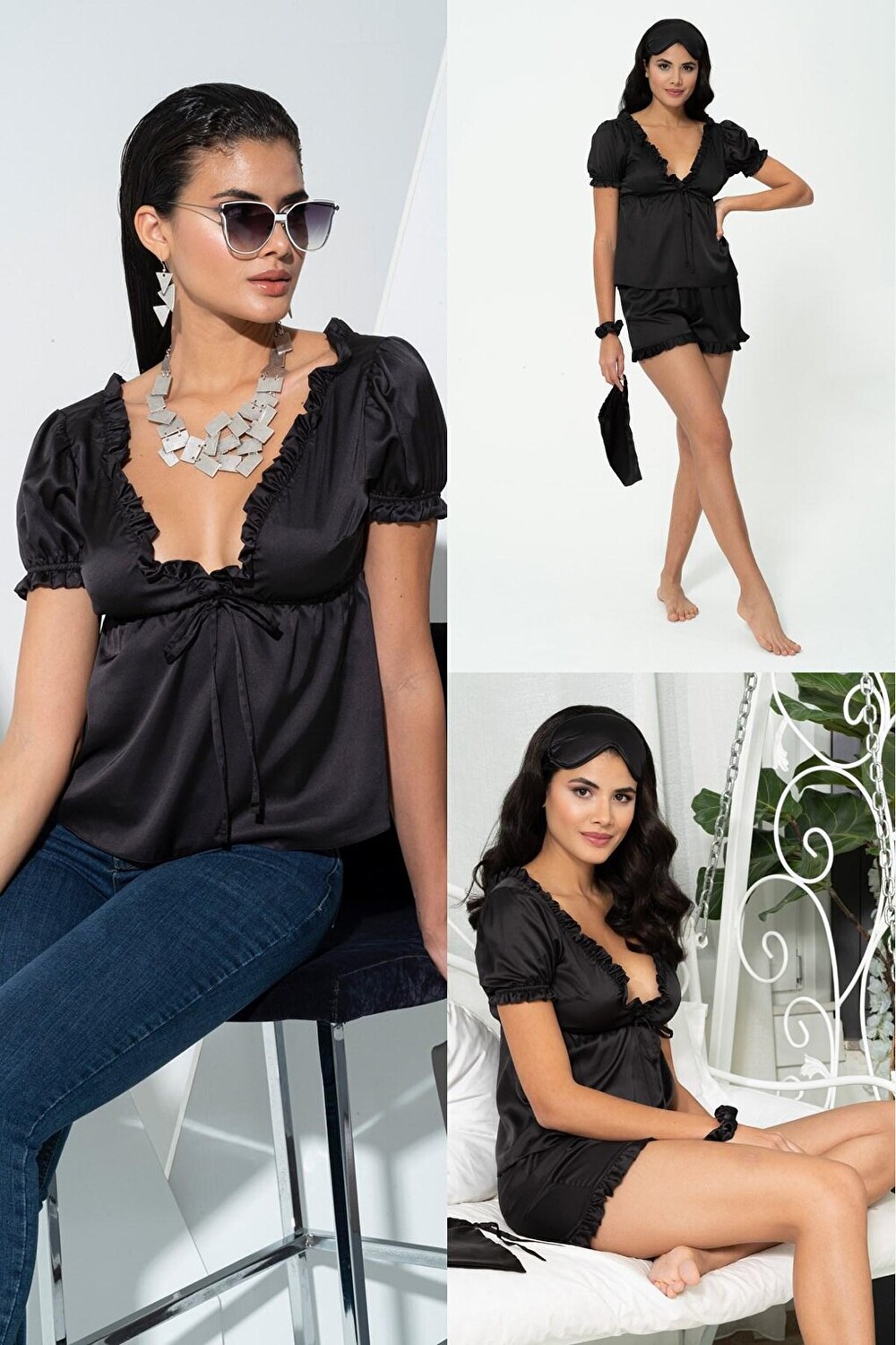 

Черный пижамный комплект из 5 предметов с рюшами внутри и снаружи FOR YOU MODA