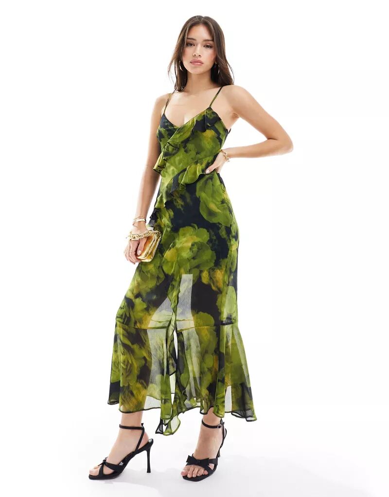Зеленое шифоновое платье макси с асимметричными оборками Miss Selfridge