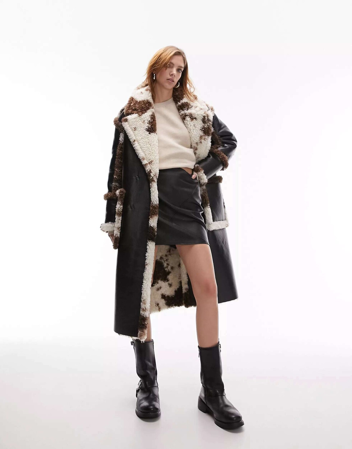 

Двустороннее пальто Topshop borg с поясом и животным принтом