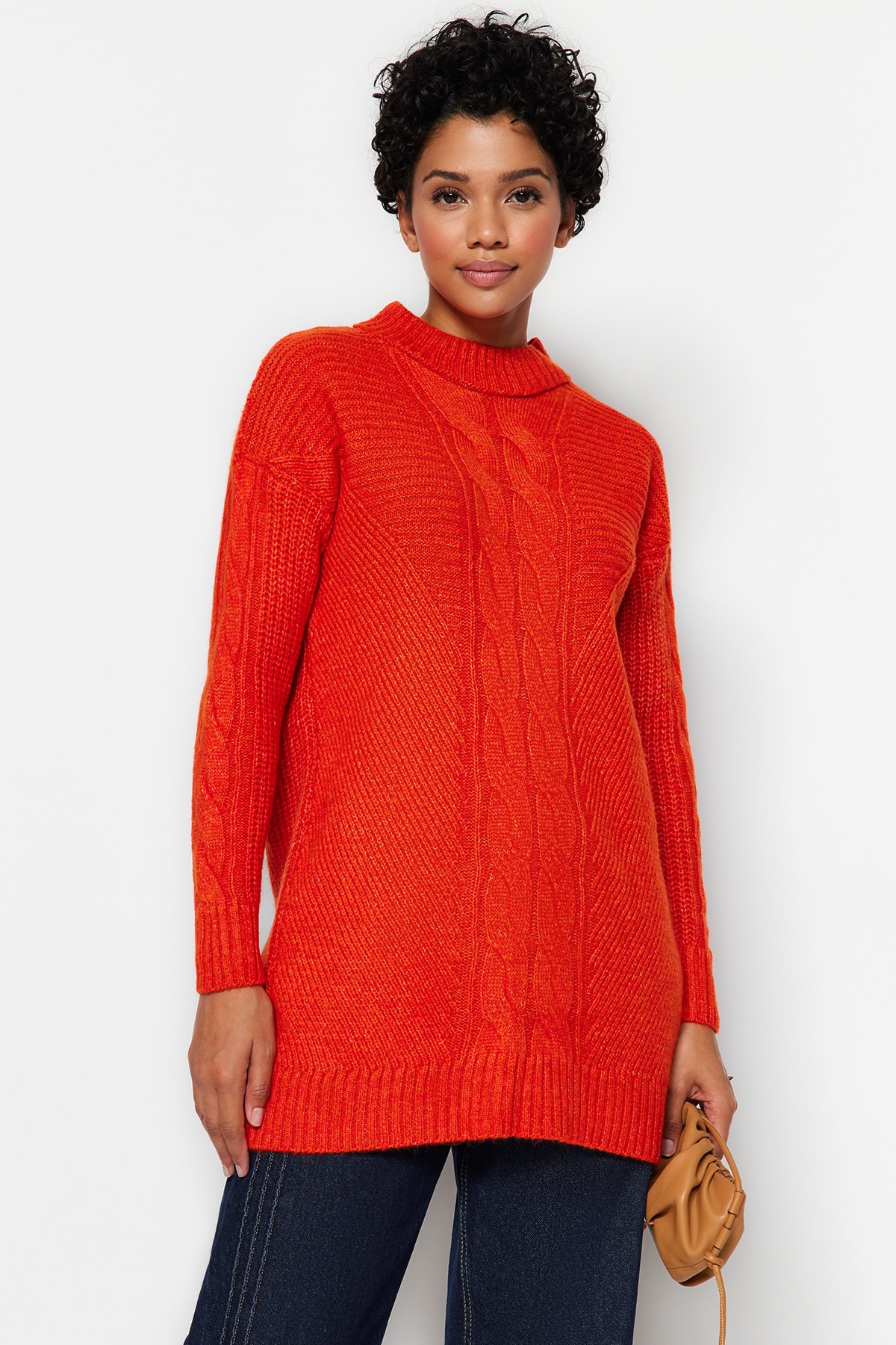 блузка trendyol кружевная оранжевый Оранжевый вязаный свитер с узором Trendyol Modest
