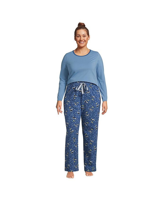 Женский трикотажный пижамный комплект больших размеров, футболка с длинными рукавами и брюки Lands' End, цвет Evening blue starry night cow