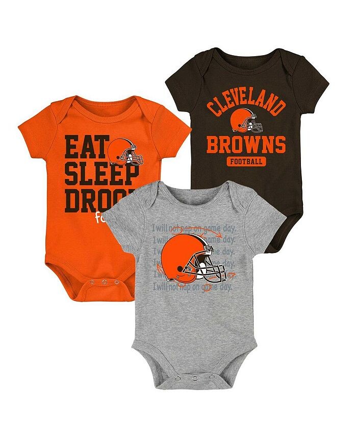 

Комплект боди Cleveland Browns из трех предметов для новорожденных, коричневого, оранжевого, серо-бежевого цвета, комплект из трех предметов Eat Sleep Drool Outerstuff, коричневый/оранжевый