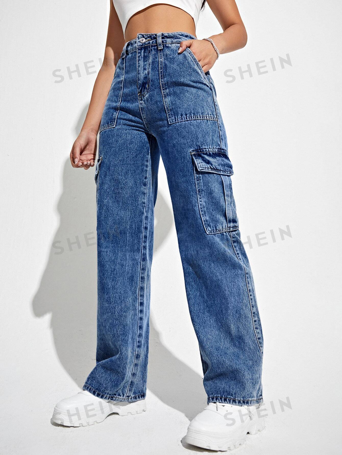 цена SHEIN Coolmax Джинсовые брюки с карманами и откидными карманами в стиле рабочей одежды, темная стирка