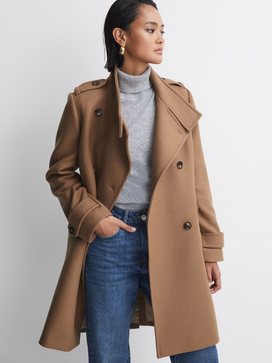 

Двубортное пальто Amie из смесовой шерсти Reiss, кэмел