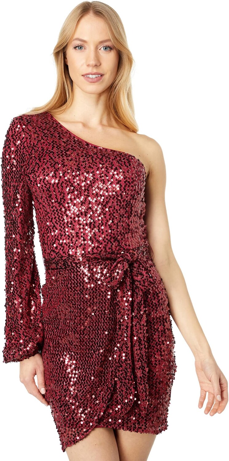 

Платье на одно плечо с запахом и пайетками Bebe, цвет Red Merlot