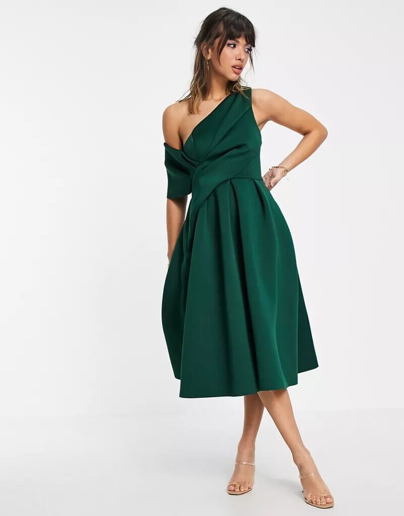 

Выпускное платье миди с открытыми плечами ASOS из неопрена елового цвета, Зеленый