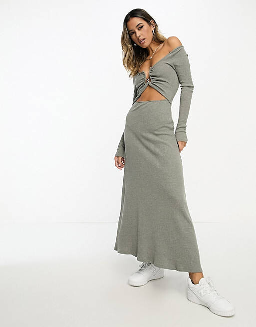 

Миди цвета хаки с длинными рукавами и вырезом на талии ASOS DESIGN