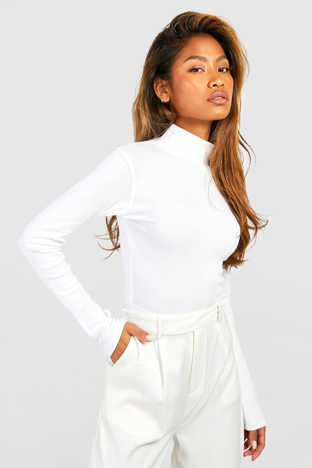 

Топ с высоким воротом и длинными рукавами basic rib Boohoo, белый