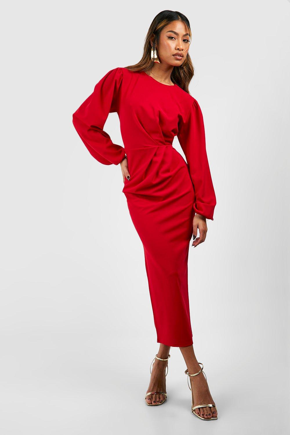 Платье мидакси из крепа с объемными рукавами и драпировкой по бокам boohoo, красный
