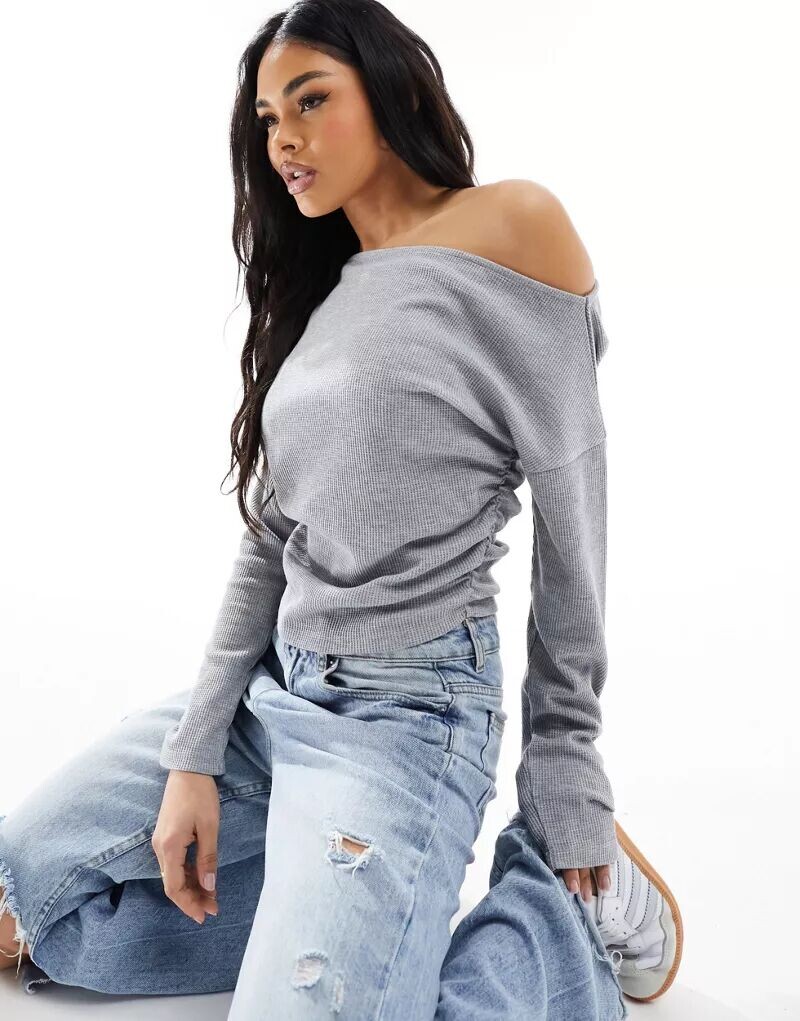 

Серый вафельный топ на одно плечо ASOS Design