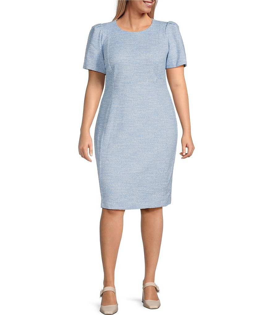 Calvin Klein Твидовое платье размера плюс с короткими рукавами и круглым вырезом длиной до колена, синий