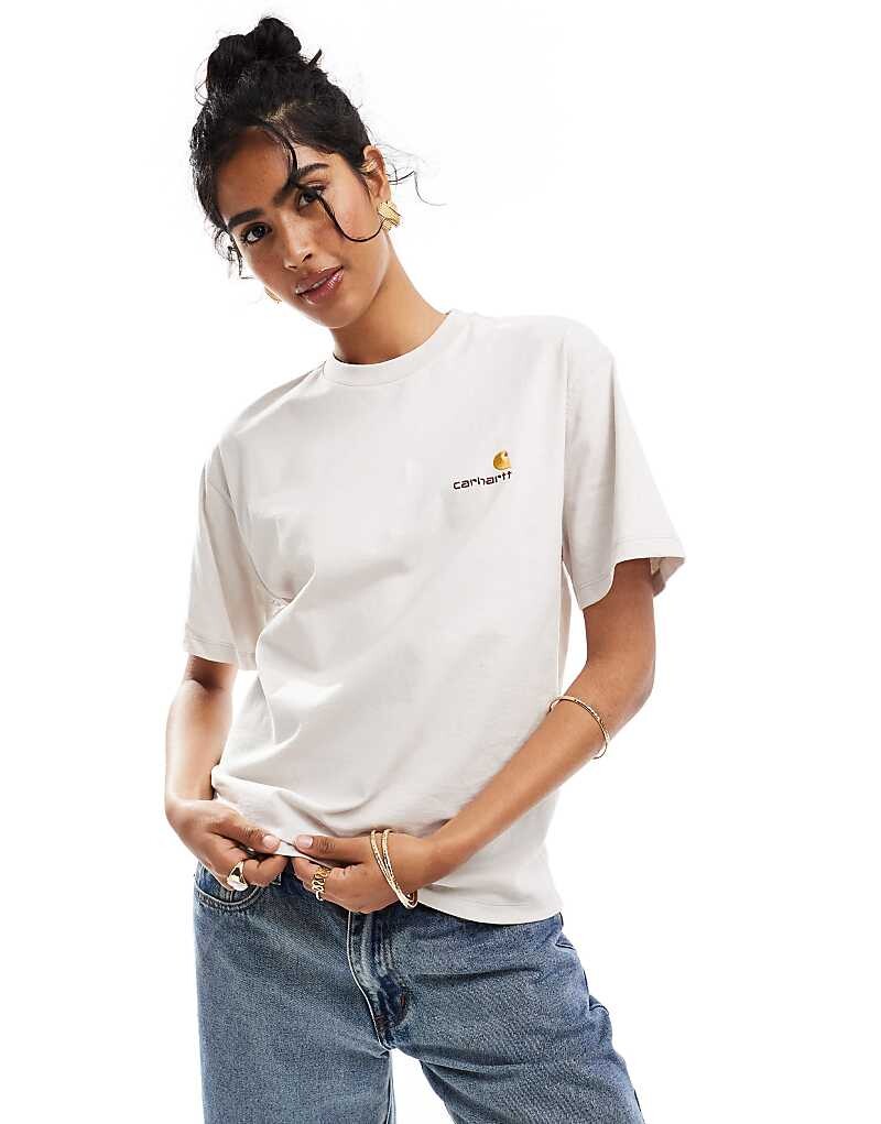 

Кремово-белая футболка с надписью Carhartt WIP American Script